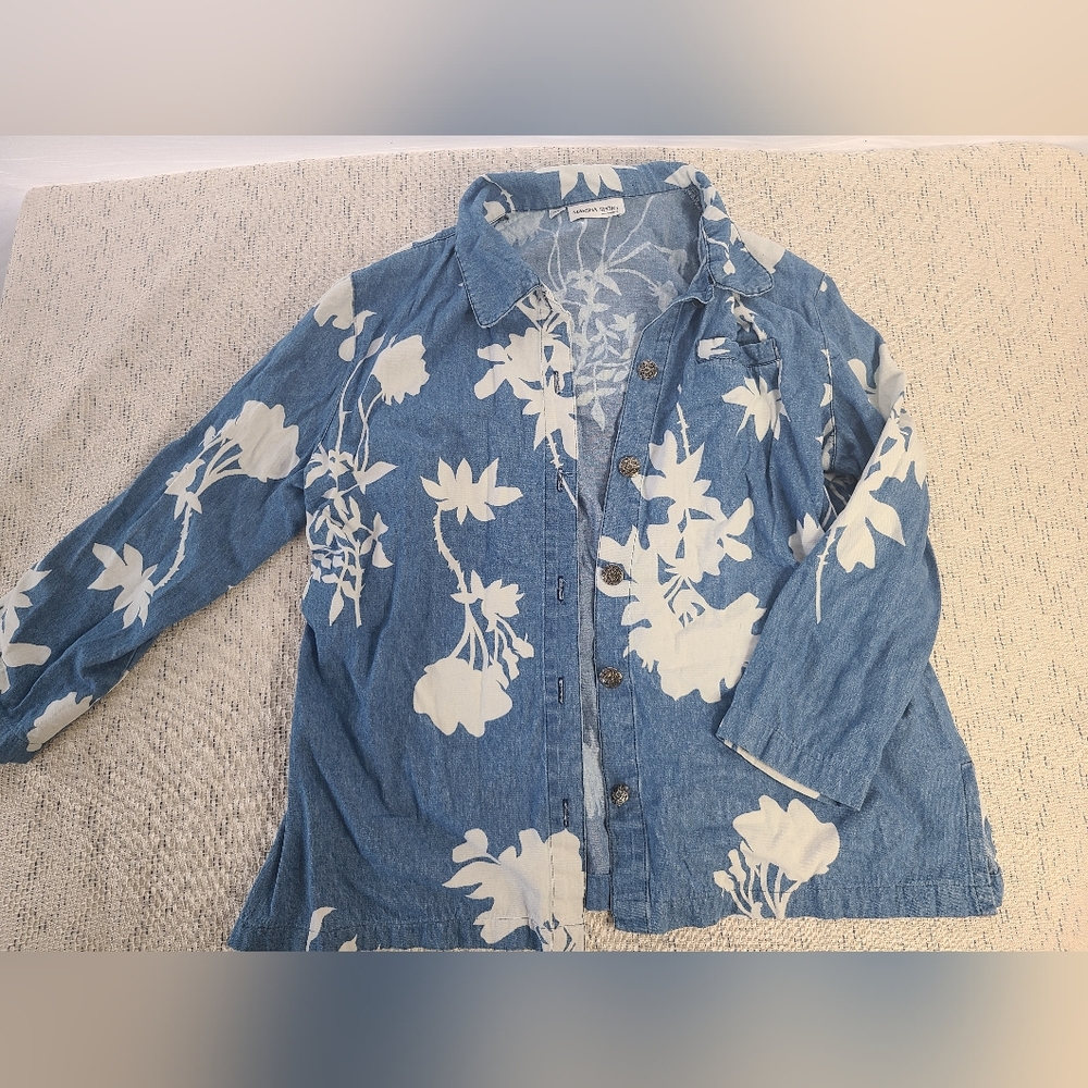Marsha Sport Blue Floral Button Up Blouse XL Boho Lightweight